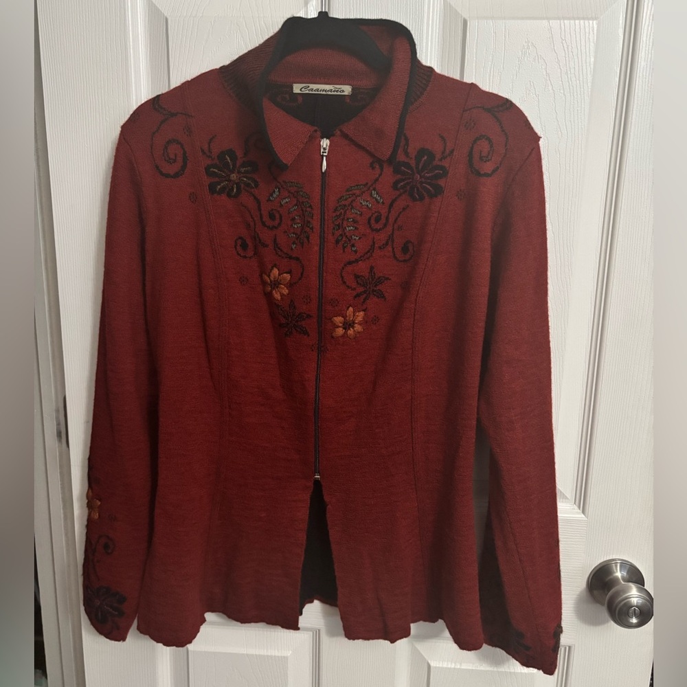Caamano | Full Zip Cardigan Dark Orange Black Floral Alpaca Sz L